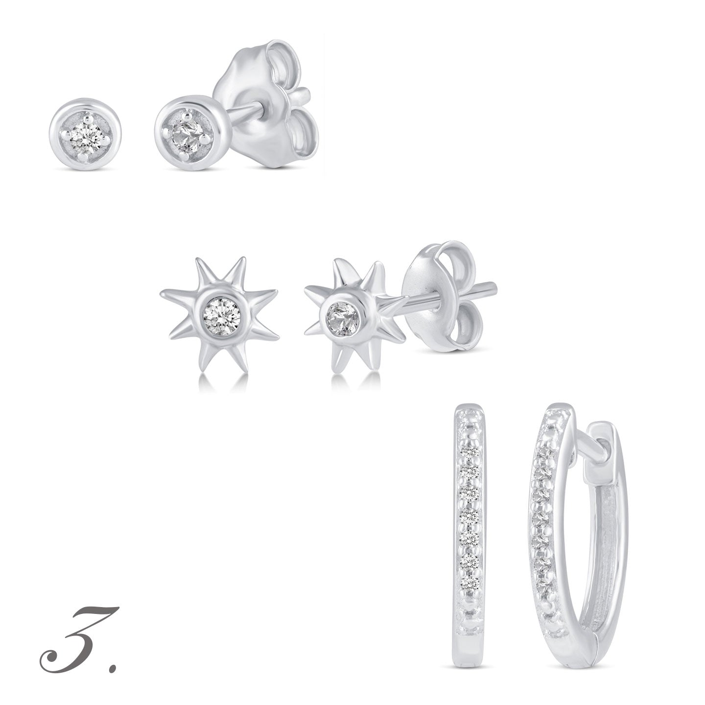 3 Pairs Set Ear Party 1/10 -1/20 Cttw Natural Diamond Earrings in 925 Sterling Silver bezel sunflower hoop huggies