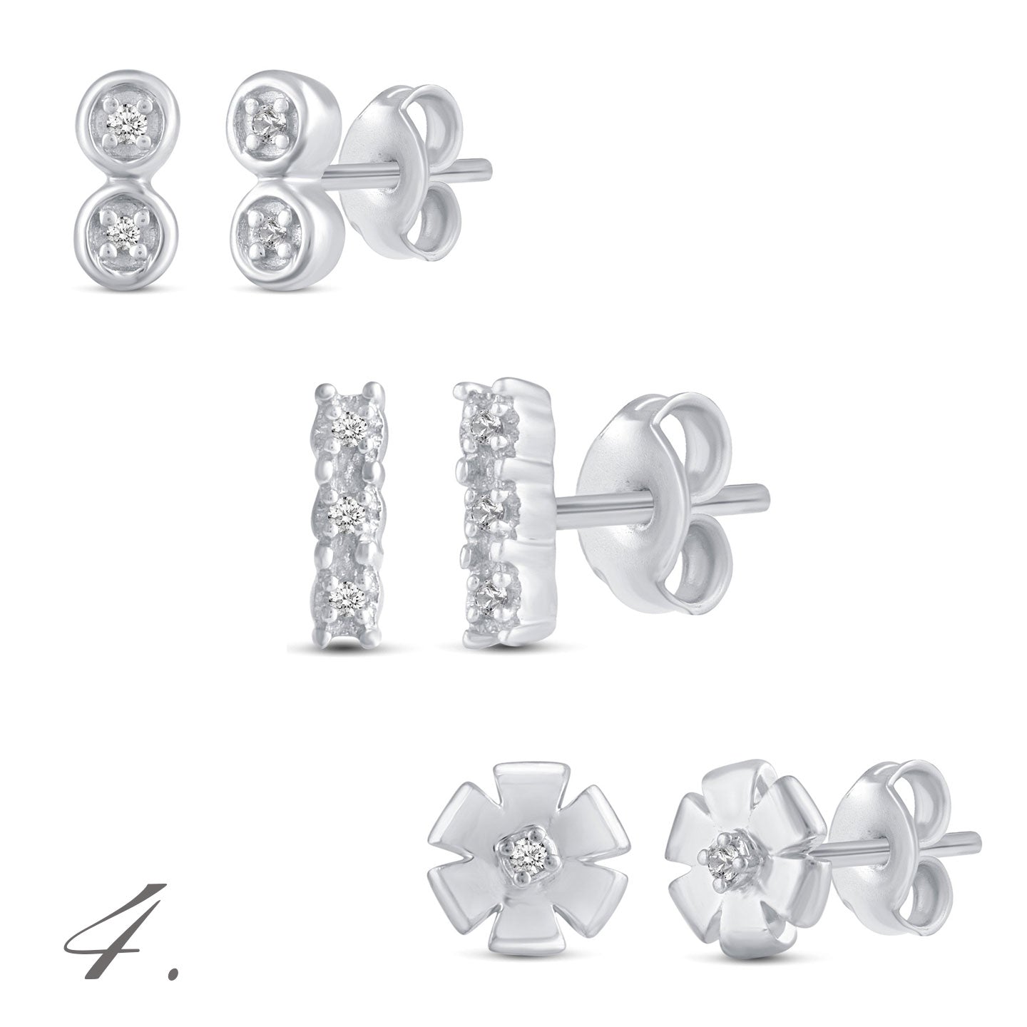 3 Pairs Set Ear Party 1/10 -1/20 Cttw Natural Diamond Earrings in 925 Sterling Silver flower bar