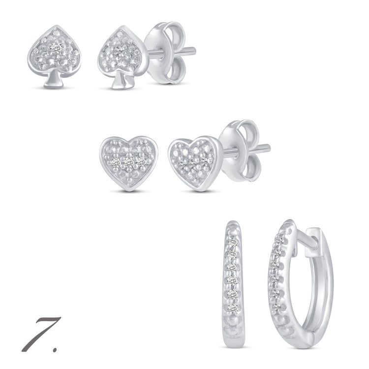 3 Pairs Set Ear Party 1/10 -1/20 Cttw Natural Diamond Earrings in 925 Sterling Silver spade heart huggies