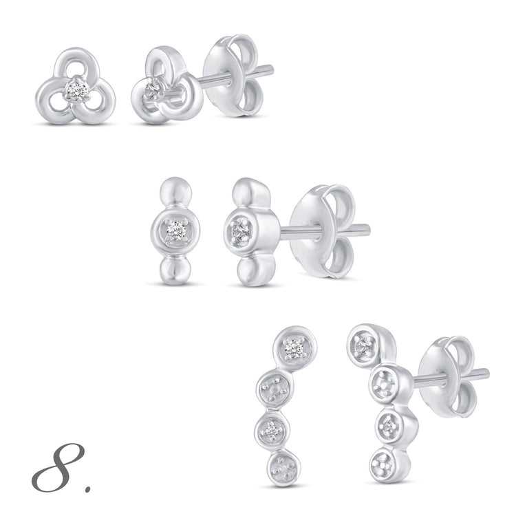 3 Pairs Set Ear Party 1/10 -1/20 Cttw Natural Diamond Earrings in 925 Sterling Silver clover beads