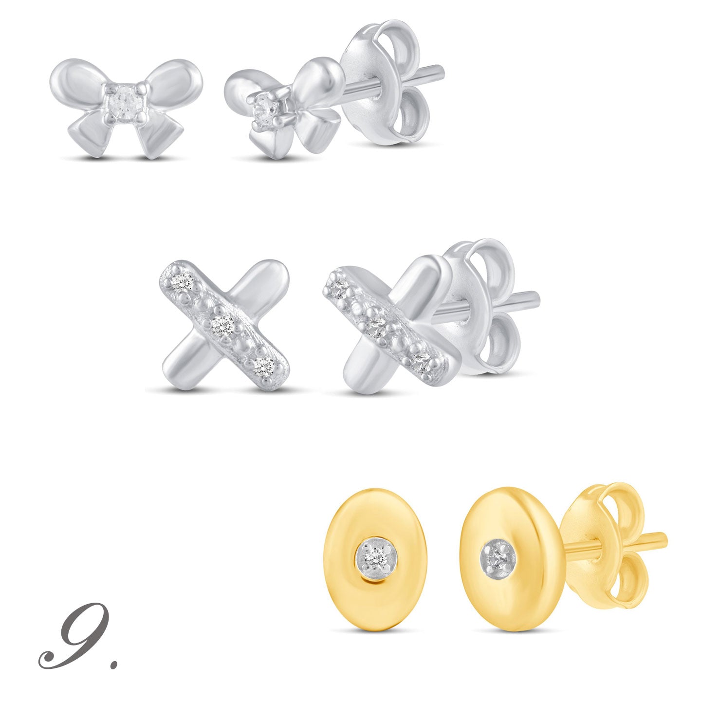3 Pairs Set Ear Party 1/10 -1/20 Cttw Natural Diamond Earrings in 925 Sterling Silver ribbon bow xo yellowgold 