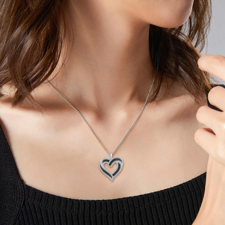 1/2 Cttw Natural Black Diamond Triple Row Open Heart Pendant Necklace set in 925 Sterling Silver Wednesday adams family netflix 