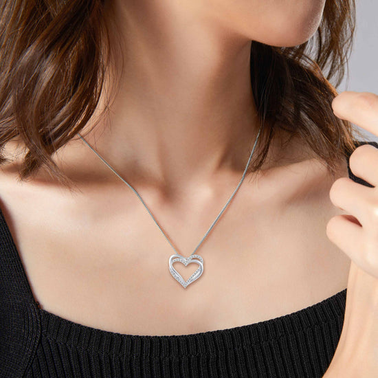 1/2Cttw - 1/4 Cttw Diamond Open Heart Pendant Necklace set in 925 Sterling Silver (Select Heart Design)