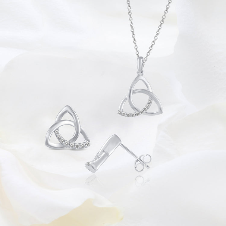 Set of 2 : 1/5 CT TW Diamond Trinity Knot Triquetra Pendant & Earrings in 925 Sterling Silver