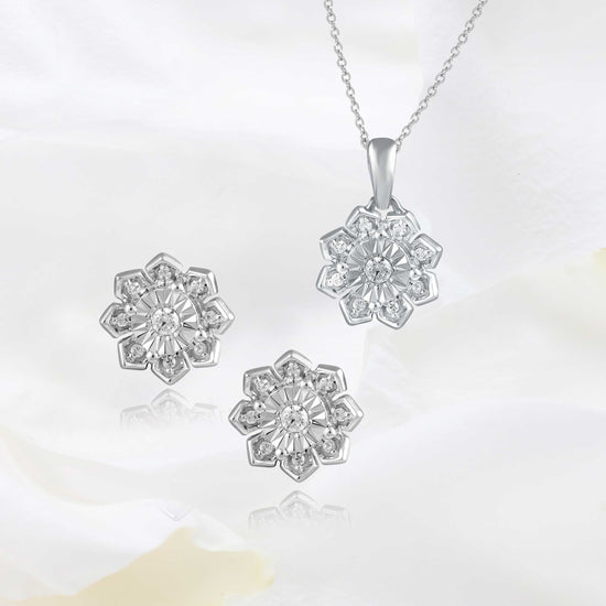 Sset of 2 : 1/4CT TW Diamond Floral Cluster Pendant & Earrings in Sterling Silver