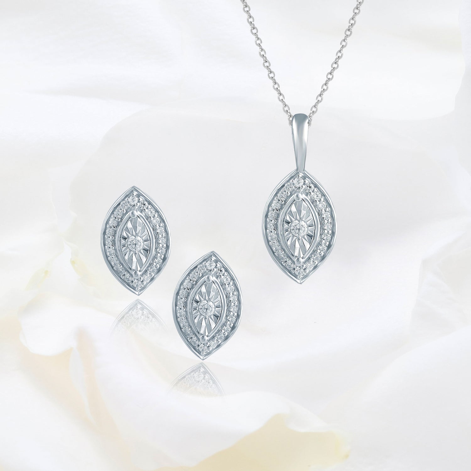 Set of 2 : 3/10CT TW Diamond Marquise Shaped Pendant & Earrings in Sterling Silver