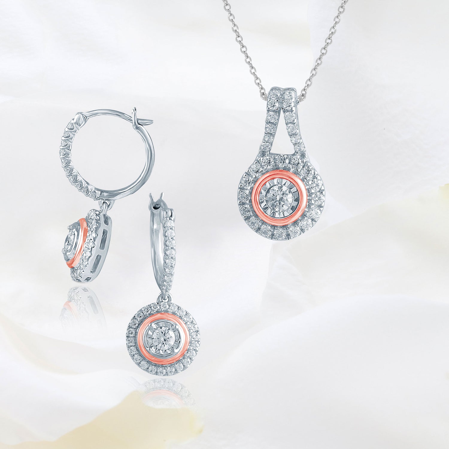 Set of 2 3/4CT TW Diamond Round Halo Fashion Pendant & Earrings in Sterling Silver & 10K Rose gold